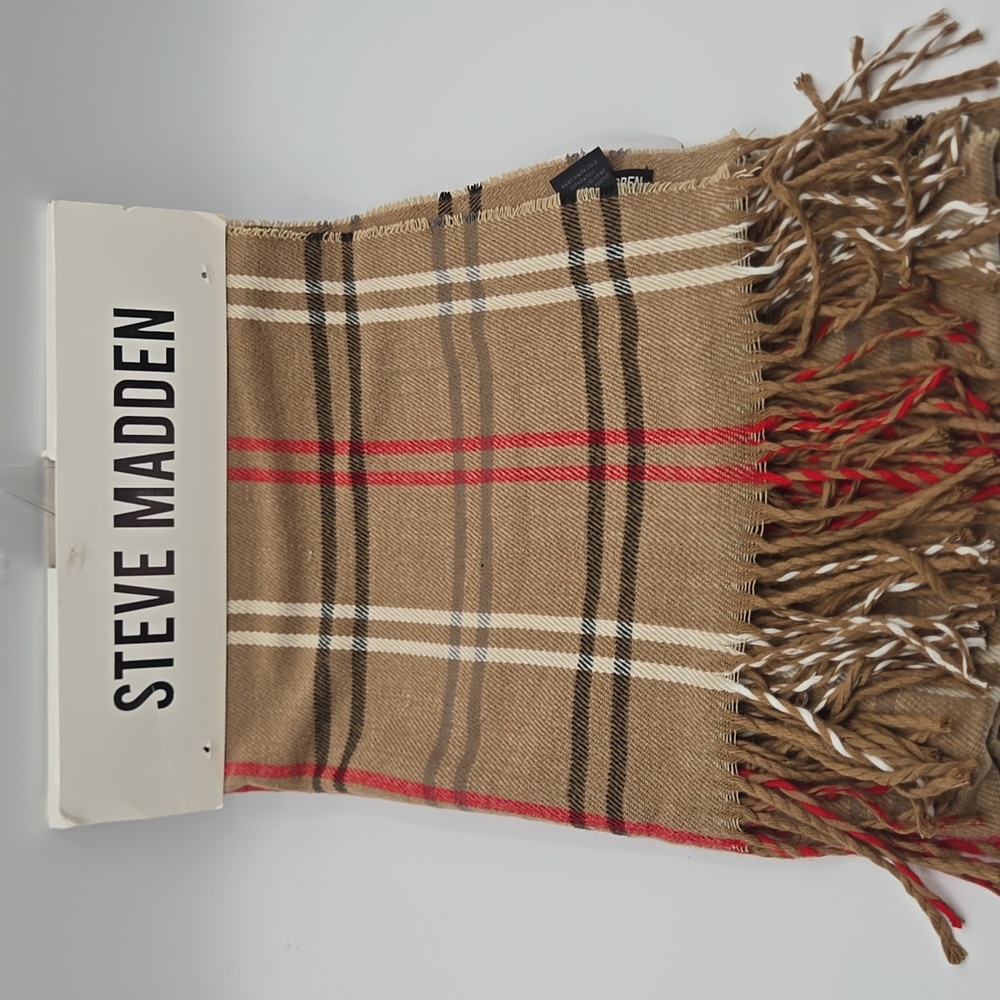 STEVE MADDEN NWT One Size Plaid Scarf Tan Cream Red Black